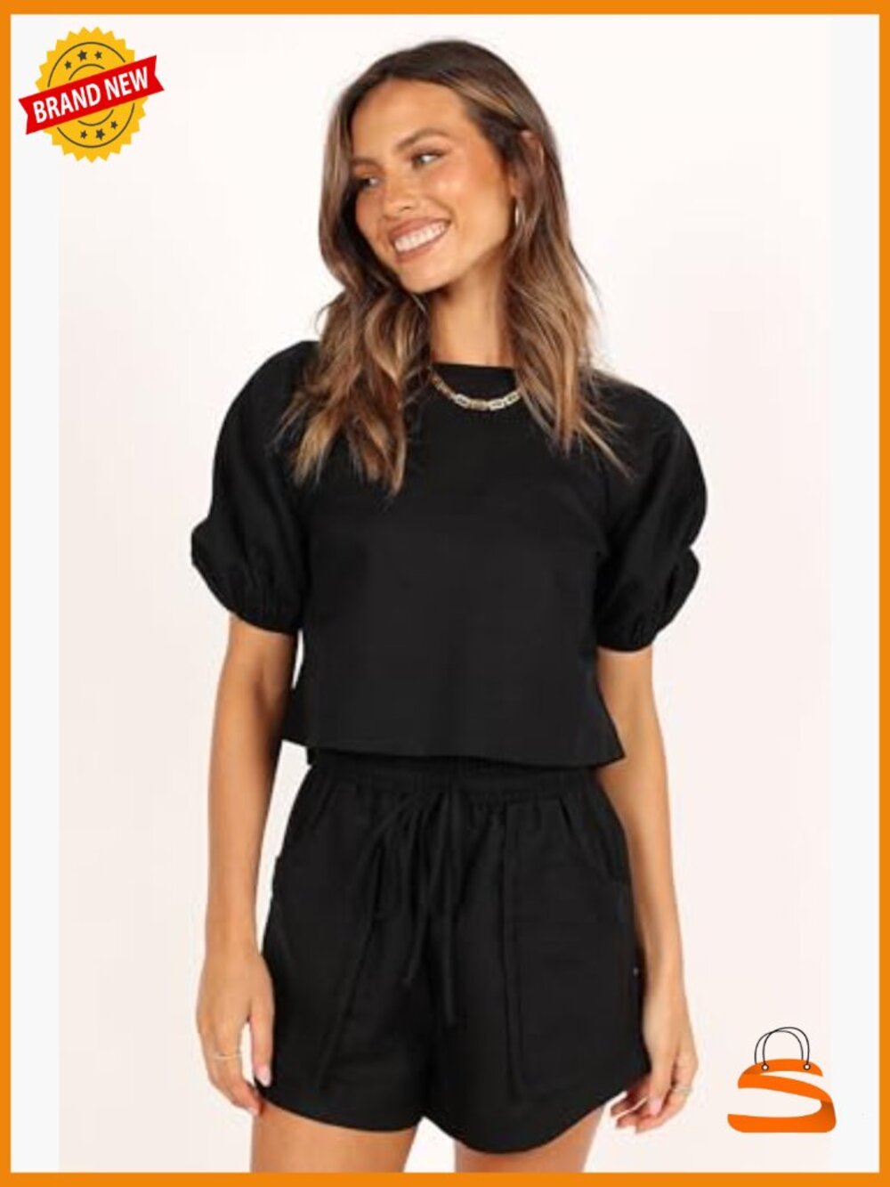 Cropped Linen Set, Short Sleeve Top & Shorts, Drawstring Waist - Picture 6 of 6